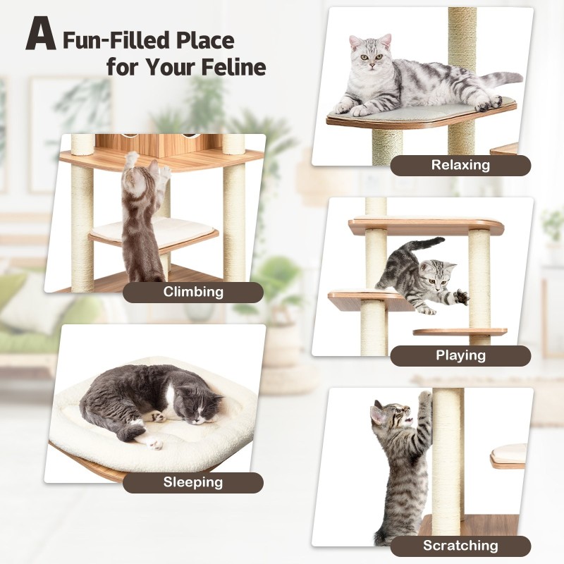 Puinen kissapuu torni pehmusteilla ja raapimistolpilla