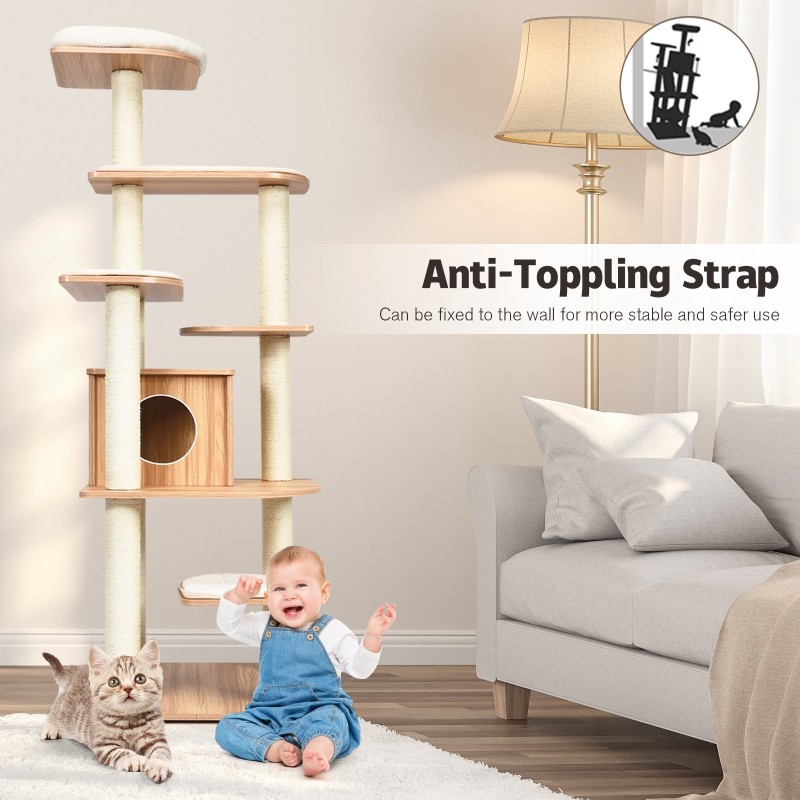 Puinen kissapuu torni pehmusteilla ja raapimistolpilla