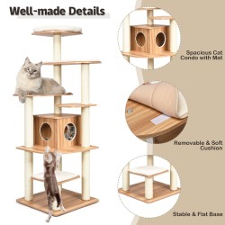 Puinen kissapuu torni pehmusteilla ja raapimistolpilla