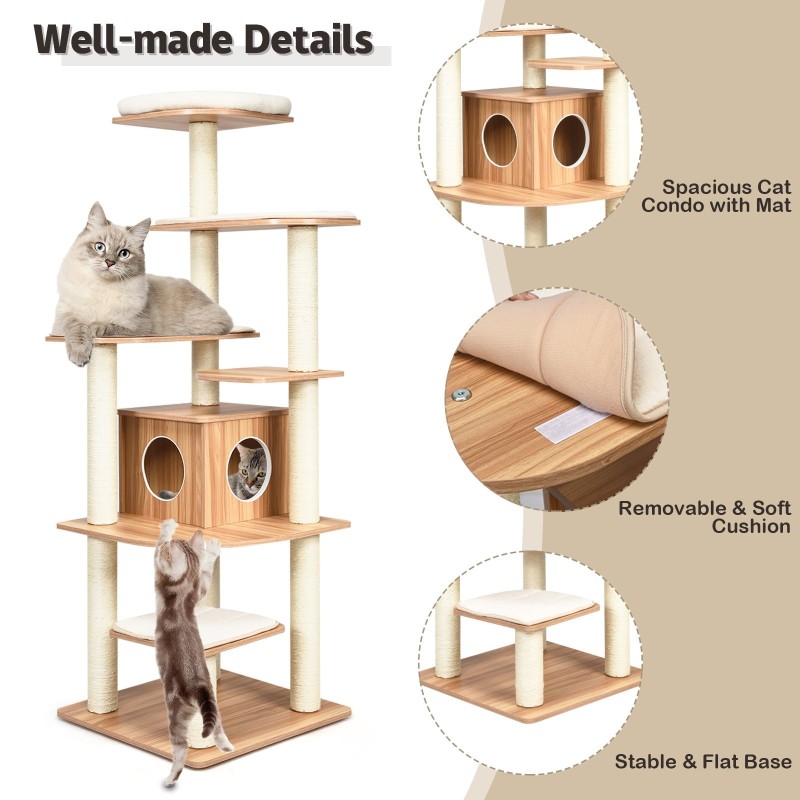 Puinen kissapuu torni pehmusteilla ja raapimistolpilla