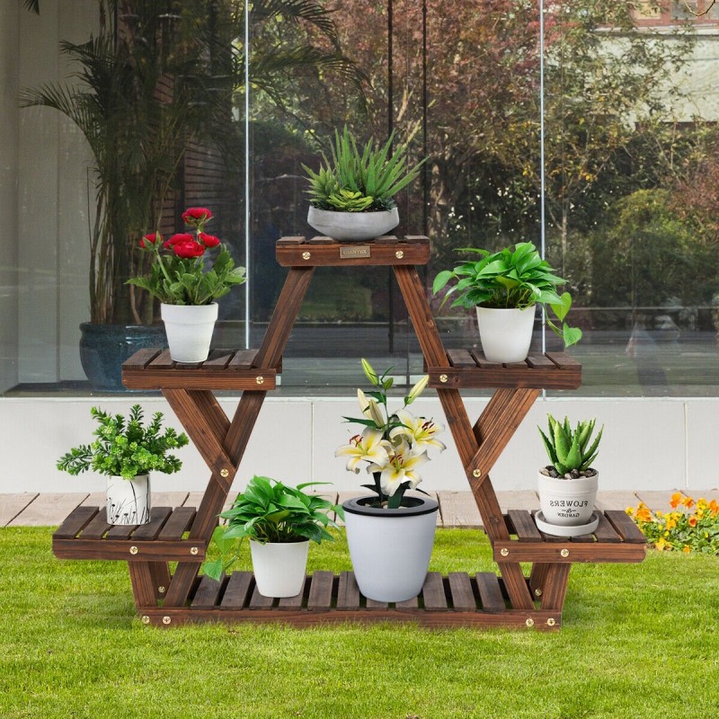 Kolmiomainen ruskea puinen kukkateline 6 kasville