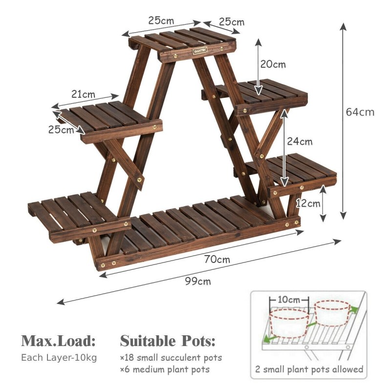 Kolmiomainen ruskea puinen kukkateline 6 kasville