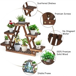 Kolmiomainen ruskea puinen kukkateline 6 kasville