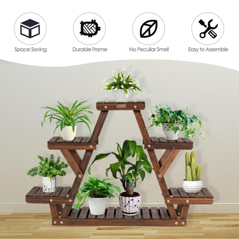 Kolmiomainen ruskea puinen kukkateline 6 kasville