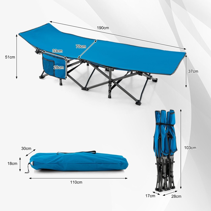 Taitettava sininen retkisänky 3-in-1-taskulla ja kantolaukulla