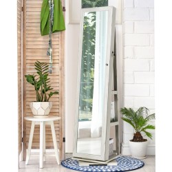 Pyörivä valkoinen peilillinen korukaappi säilytyshyllyillä