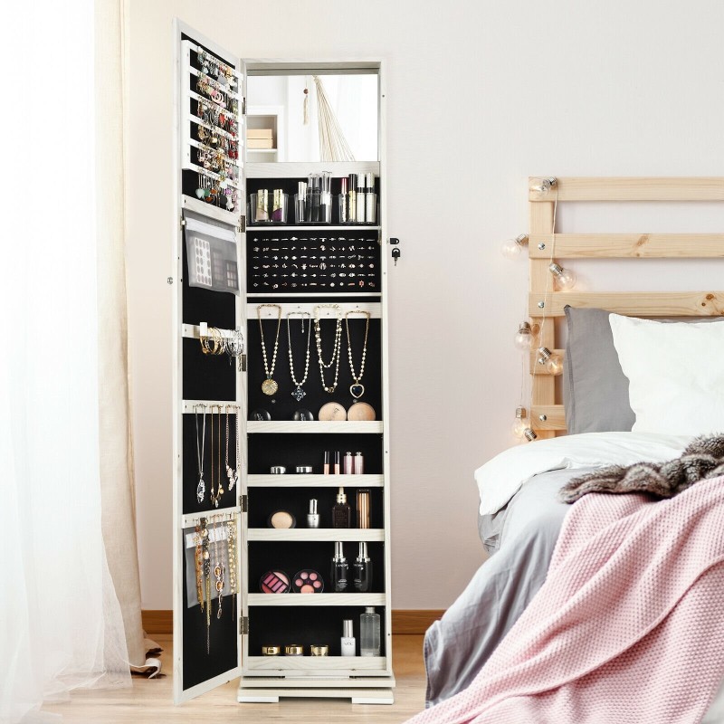 Pyörivä valkoinen peilillinen korukaappi säilytyshyllyillä