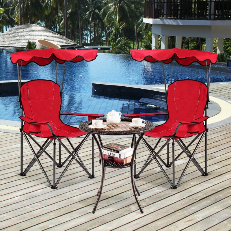 Taitettava punainen aurinkokatoksellinen retkituoli juomapidikkeillä