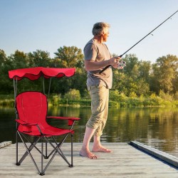 Taitettava punainen aurinkokatoksellinen retkituoli juomapidikkeillä