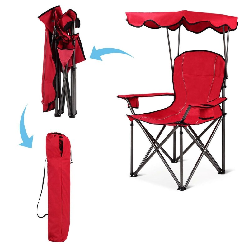 Taitettava punainen aurinkokatoksellinen retkituoli juomapidikkeillä