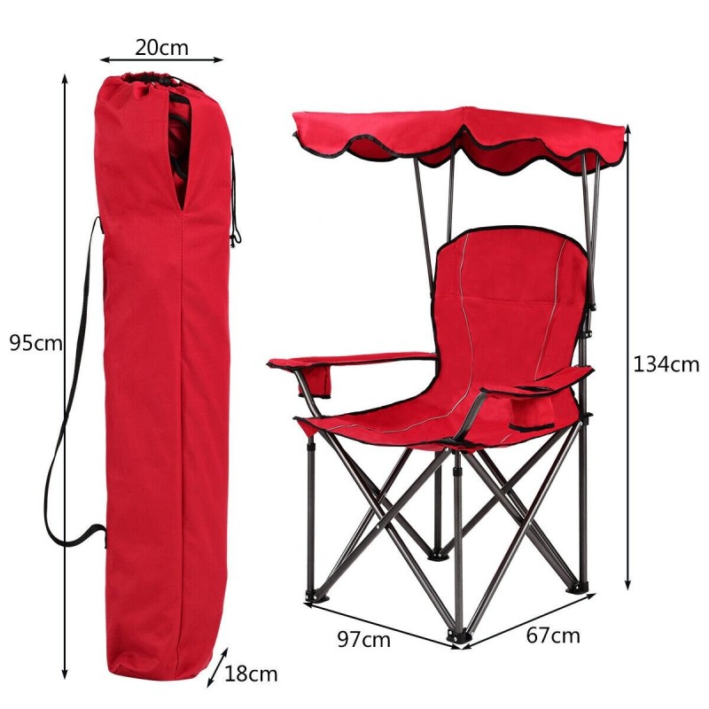 Taitettava punainen aurinkokatoksellinen retkituoli juomapidikkeillä