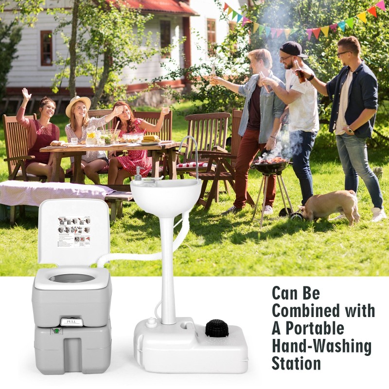 Kannettava harmaa retkivessa 20L säiliöllä ja huuhtelupumpulla