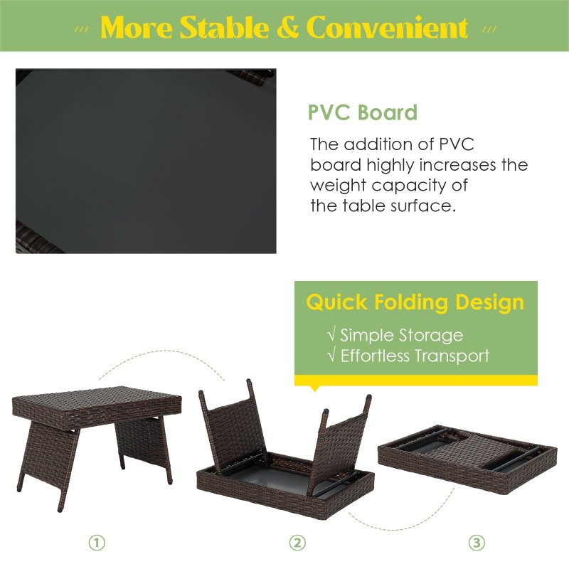 Taitettava ruskea rottinkinen kahvipöytä teräsrungolla ulkokäyttöön