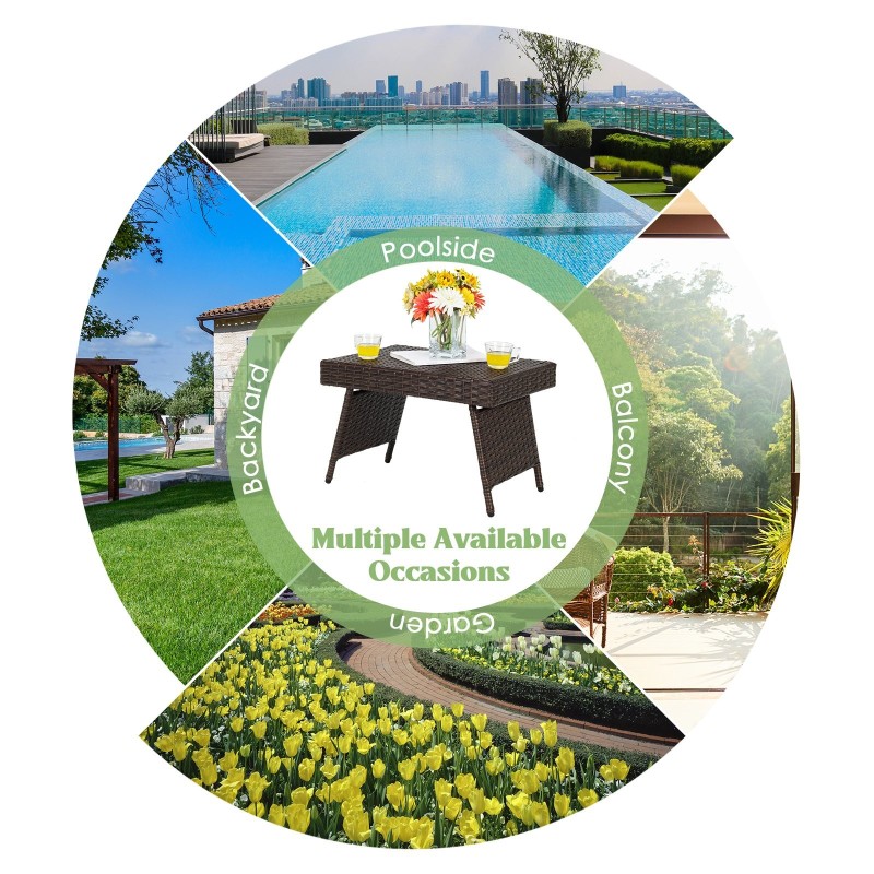 Taitettava ruskea rottinkinen kahvipöytä teräsrungolla ulkokäyttöön