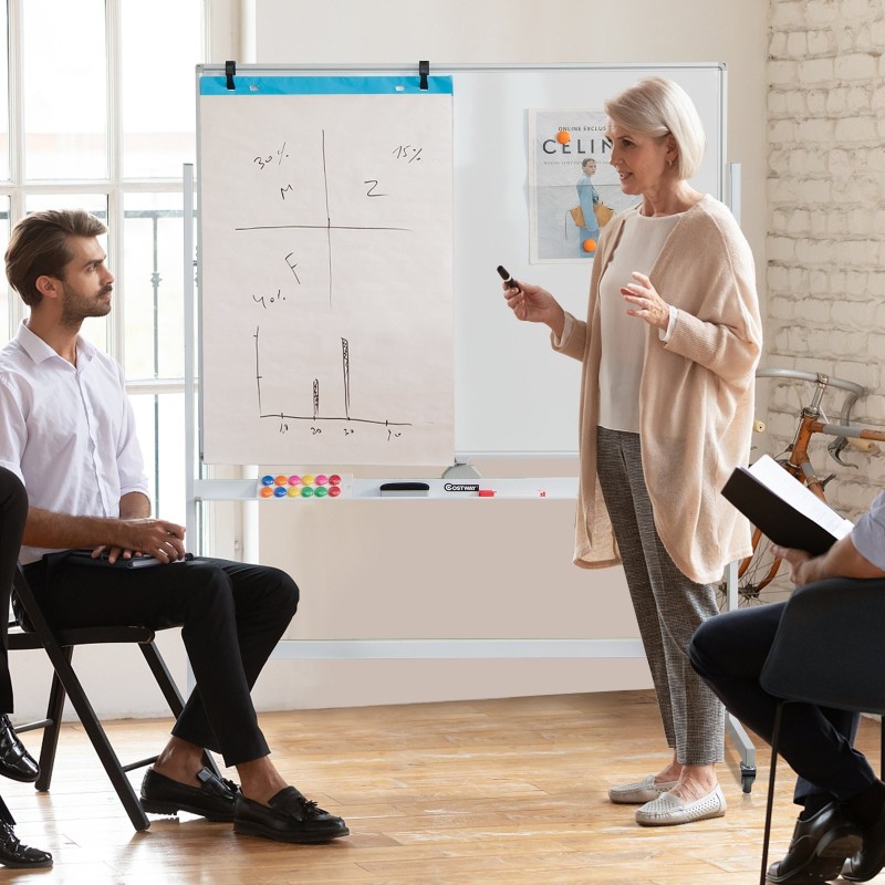 Korkeussäädettävä kaksipuolinen magneettinen valkotaulu pyörillä valkoinen