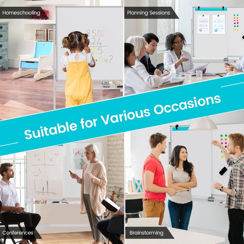 Korkeussäädettävä kaksipuolinen magneettinen valkotaulu pyörillä valkoinen