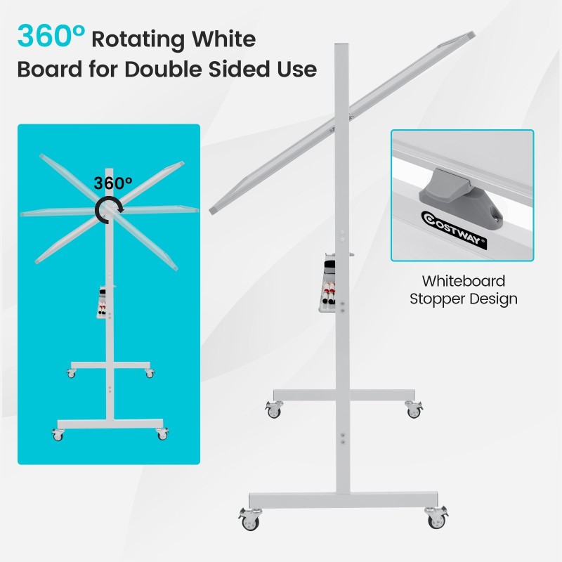 Korkeussäädettävä kaksipuolinen magneettinen valkotaulu pyörillä valkoinen