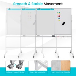 Korkeussäädettävä kaksipuolinen magneettinen valkotaulu pyörillä valkoinen