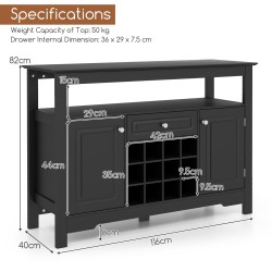 Musta monikäyttöinen keittiökaappi viinitelineellä ja laatikolla