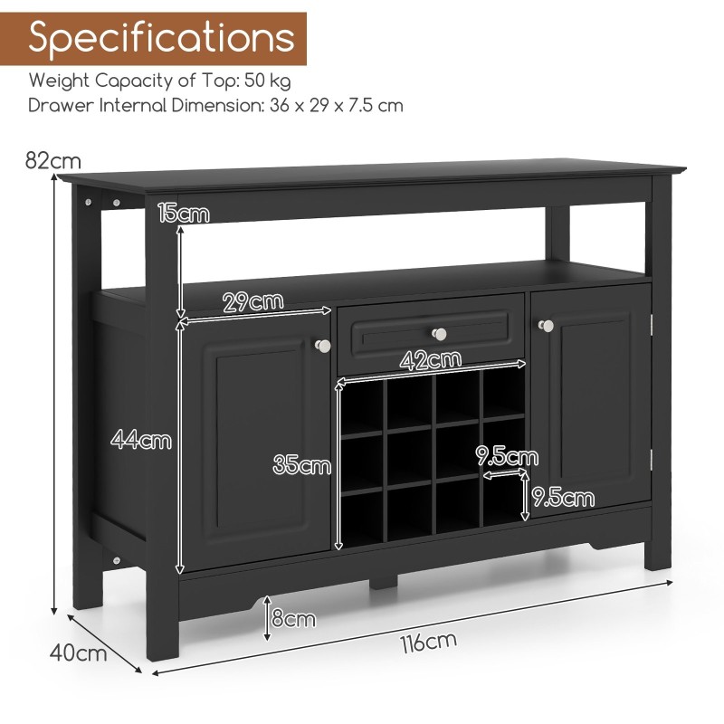 Musta monikäyttöinen keittiökaappi viinitelineellä ja laatikolla