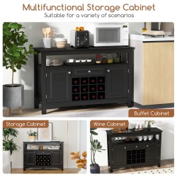 Musta monikäyttöinen keittiökaappi viinitelineellä ja laatikolla