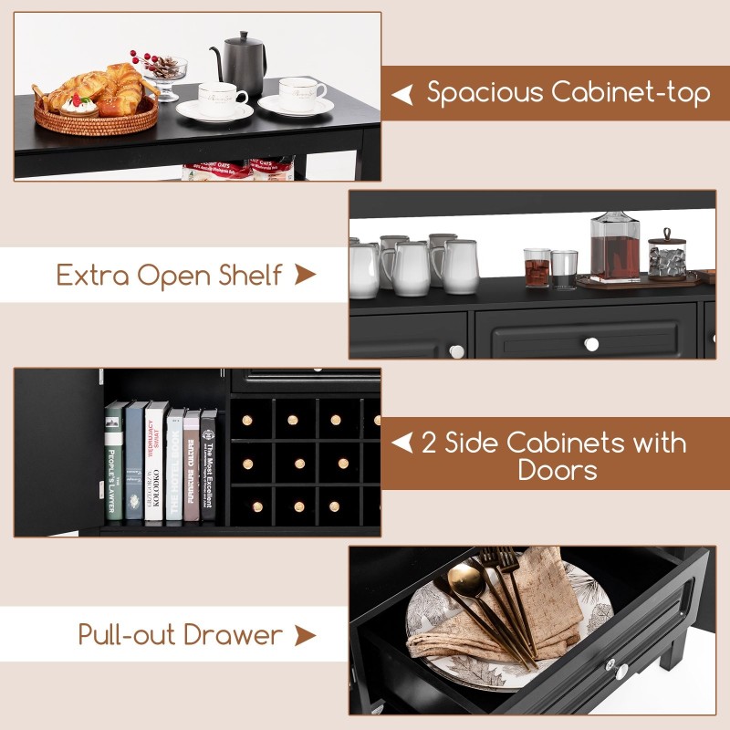 Musta monikäyttöinen keittiökaappi viinitelineellä ja laatikolla