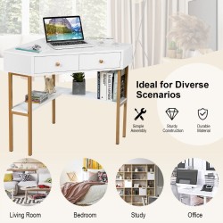 Tilaa säästävä valkoinen kulmapöytä kahdella laatikolla