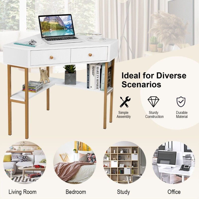 Tilaa säästävä valkoinen kulmapöytä kahdella laatikolla