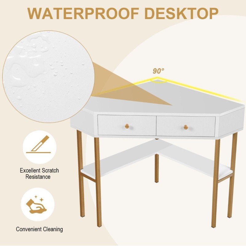 Tilaa säästävä valkoinen kulmapöytä kahdella laatikolla