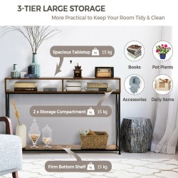 Ruskea konsolipöytä avoimilla hyllyillä ja teräsrungolla