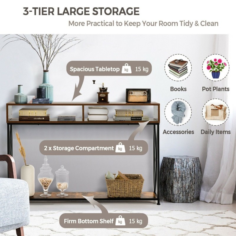 Ruskea konsolipöytä avoimilla hyllyillä ja teräsrungolla