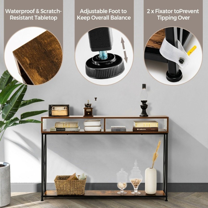 Ruskea konsolipöytä avoimilla hyllyillä ja teräsrungolla