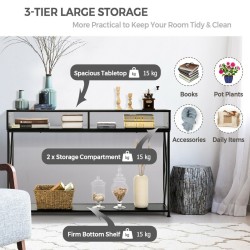 Musta konsolipöytä avohyllyillä ja teräsrungolla