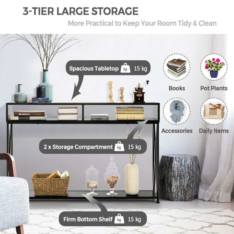 Musta konsolipöytä avohyllyillä ja teräsrungolla