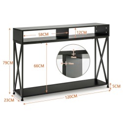 Musta konsolipöytä avohyllyillä ja teräsrungolla
