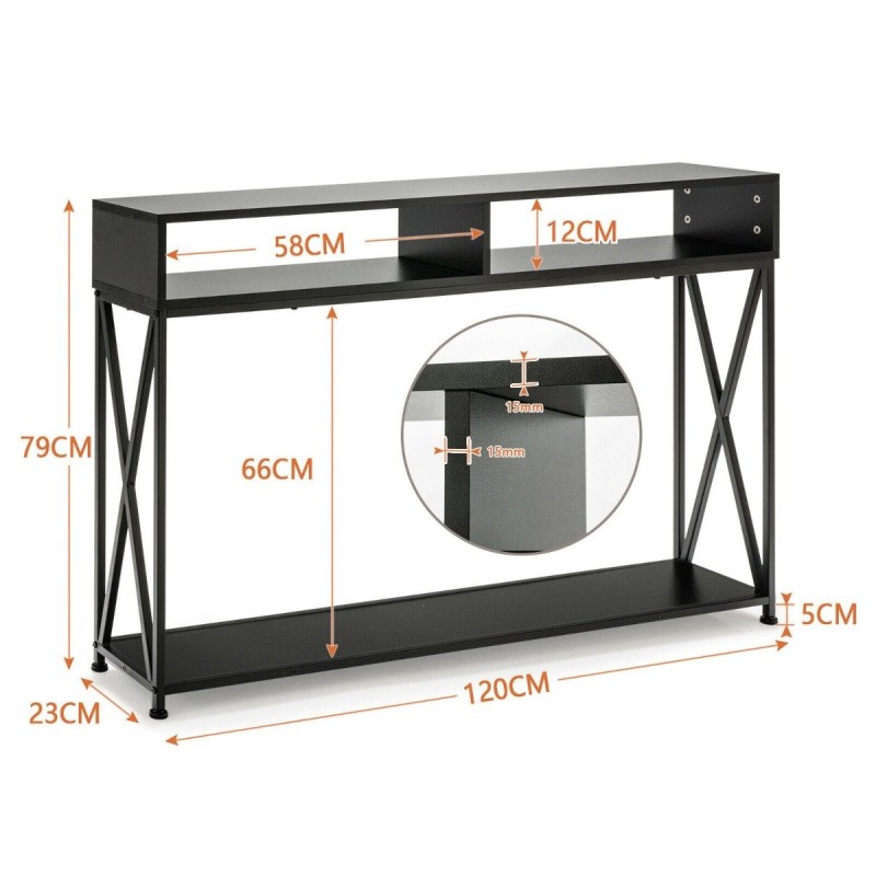 Musta konsolipöytä avohyllyillä ja teräsrungolla