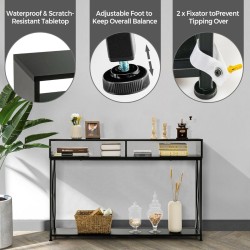 Musta konsolipöytä avohyllyillä ja teräsrungolla