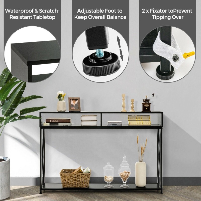 Musta konsolipöytä avohyllyillä ja teräsrungolla