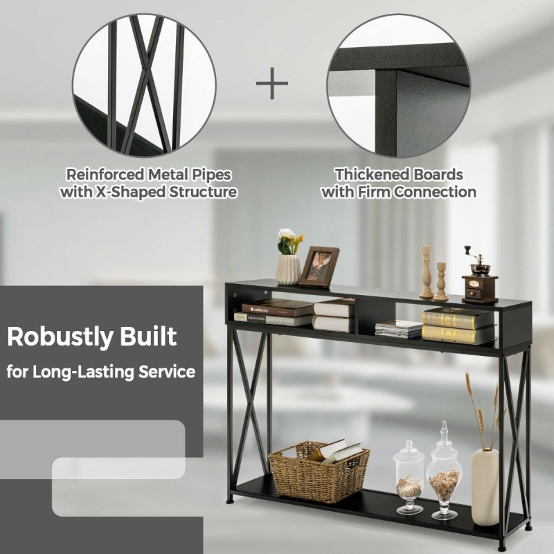 Musta konsolipöytä avohyllyillä ja teräsrungolla