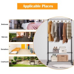 Säädettävä musta vaateteline kenkähyllyllä ja pyörillä