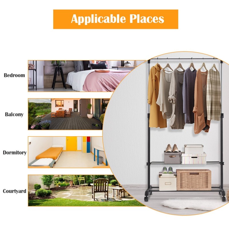 Säädettävä musta vaateteline kenkähyllyllä ja pyörillä