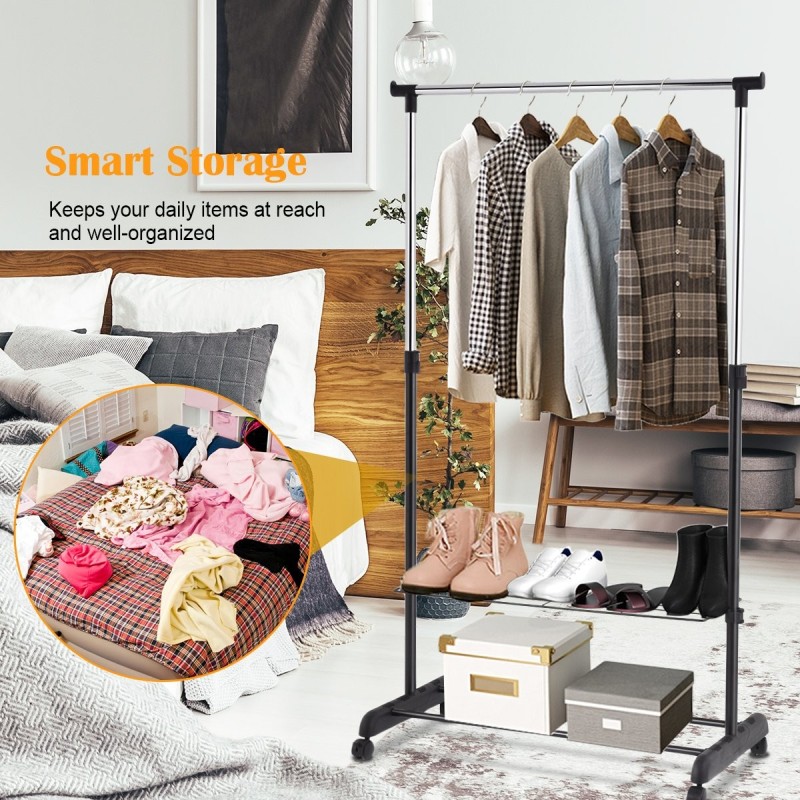 Säädettävä musta vaateteline kenkähyllyllä ja pyörillä