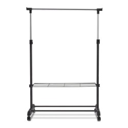 Säädettävä musta vaateteline kenkähyllyllä ja pyörillä