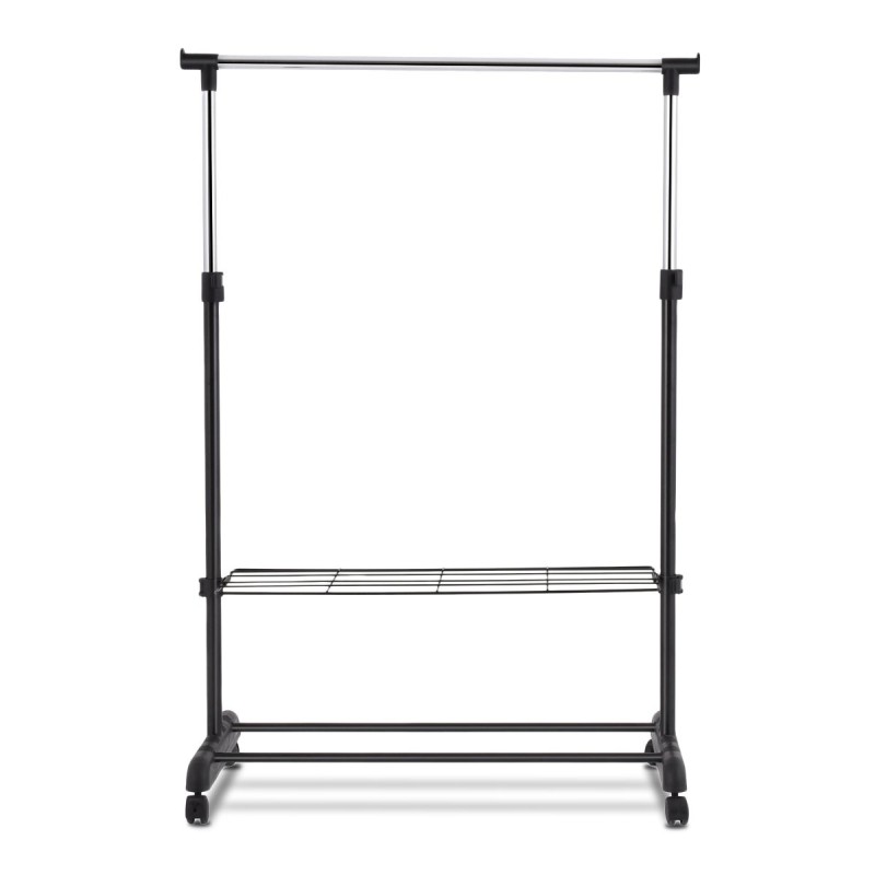 Säädettävä musta vaateteline kenkähyllyllä ja pyörillä