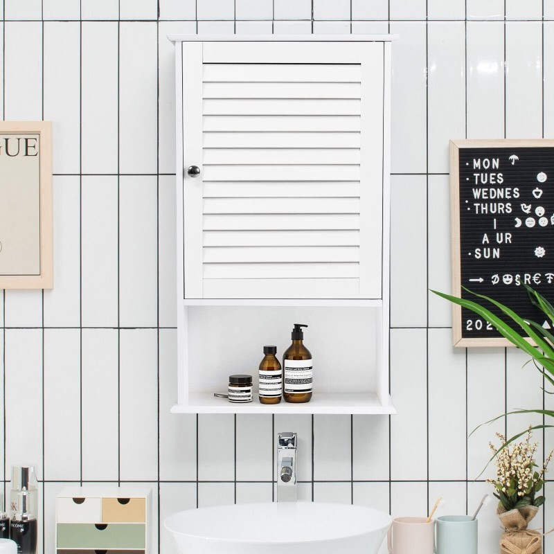 Valkoinen seinäkaappi säädettävillä hyllyillä kylpyhuoneeseen