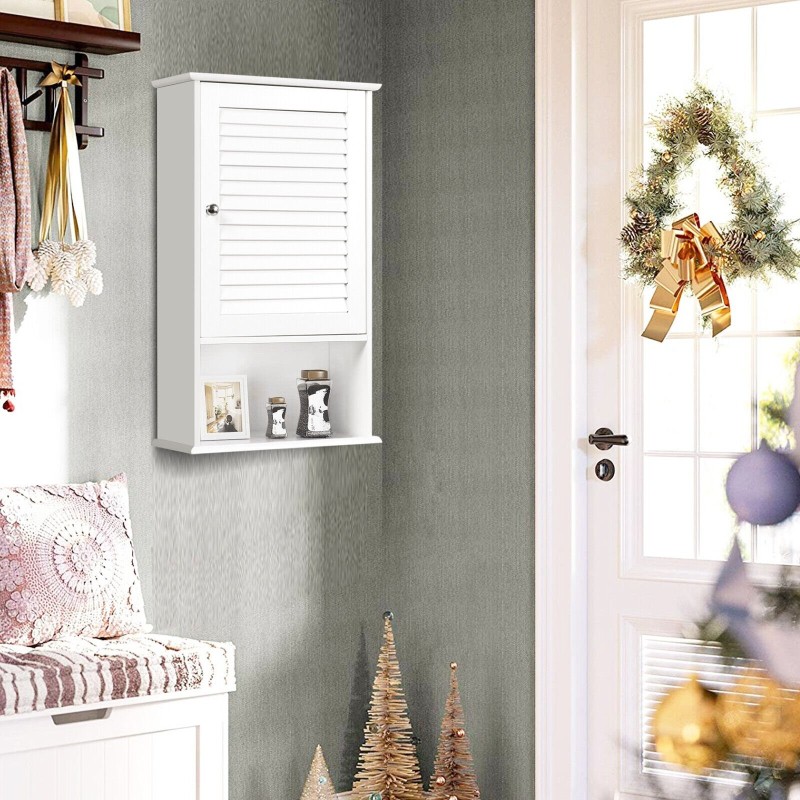 Valkoinen seinäkaappi säädettävillä hyllyillä kylpyhuoneeseen