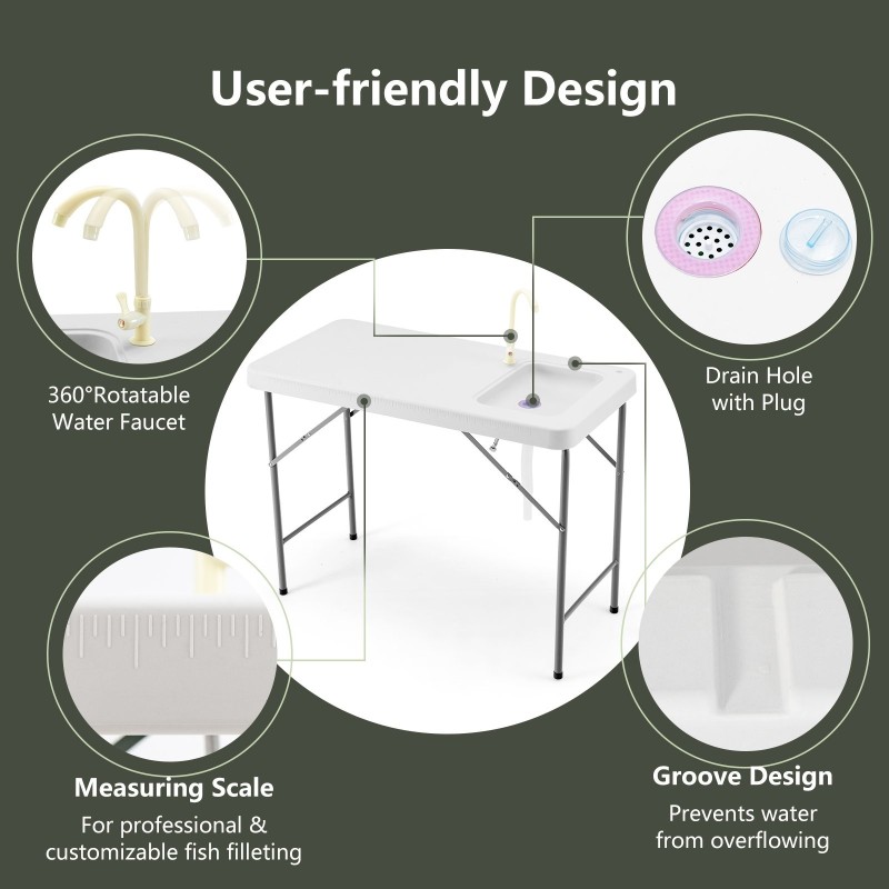 Kannettava kalojen puhdistuspöytä hanalla ja viemäriletkulla