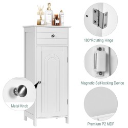 Valkoinen kylpyhuonekaappi laatikolla ja säädettävillä hyllyillä