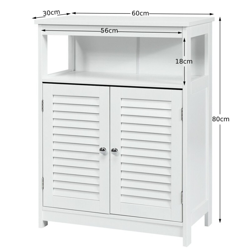 Valkoinen puinen kylpyhuonekaappi säädettävällä hyllyllä