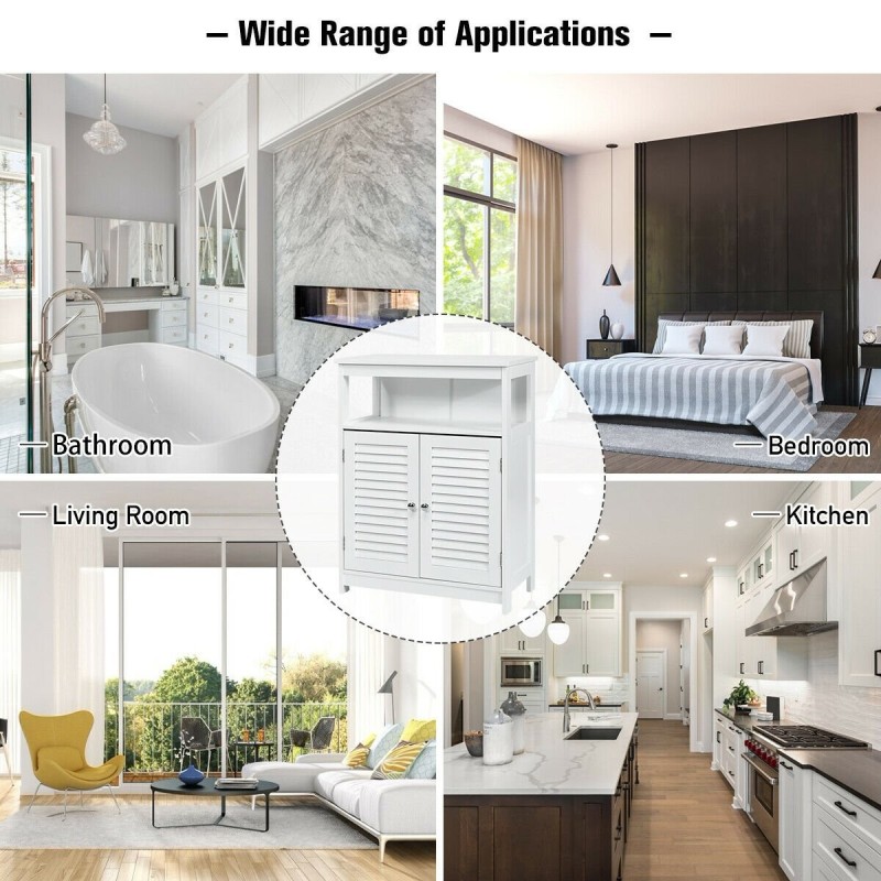 Valkoinen puinen kylpyhuonekaappi säädettävällä hyllyllä